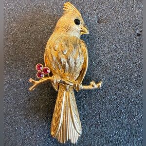 Gerry’s Signed Textured Cardinal Bird With Red Burgundy Rhinestones